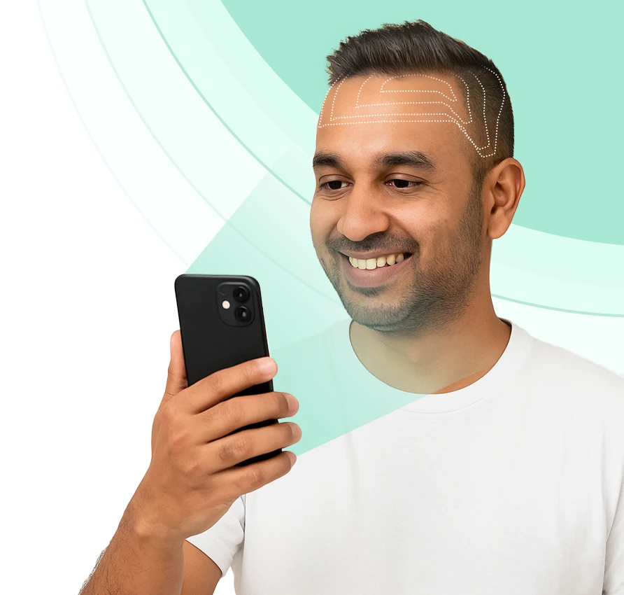 A man smiles while looking at his smartphone. He's about to try the AI hair generator.