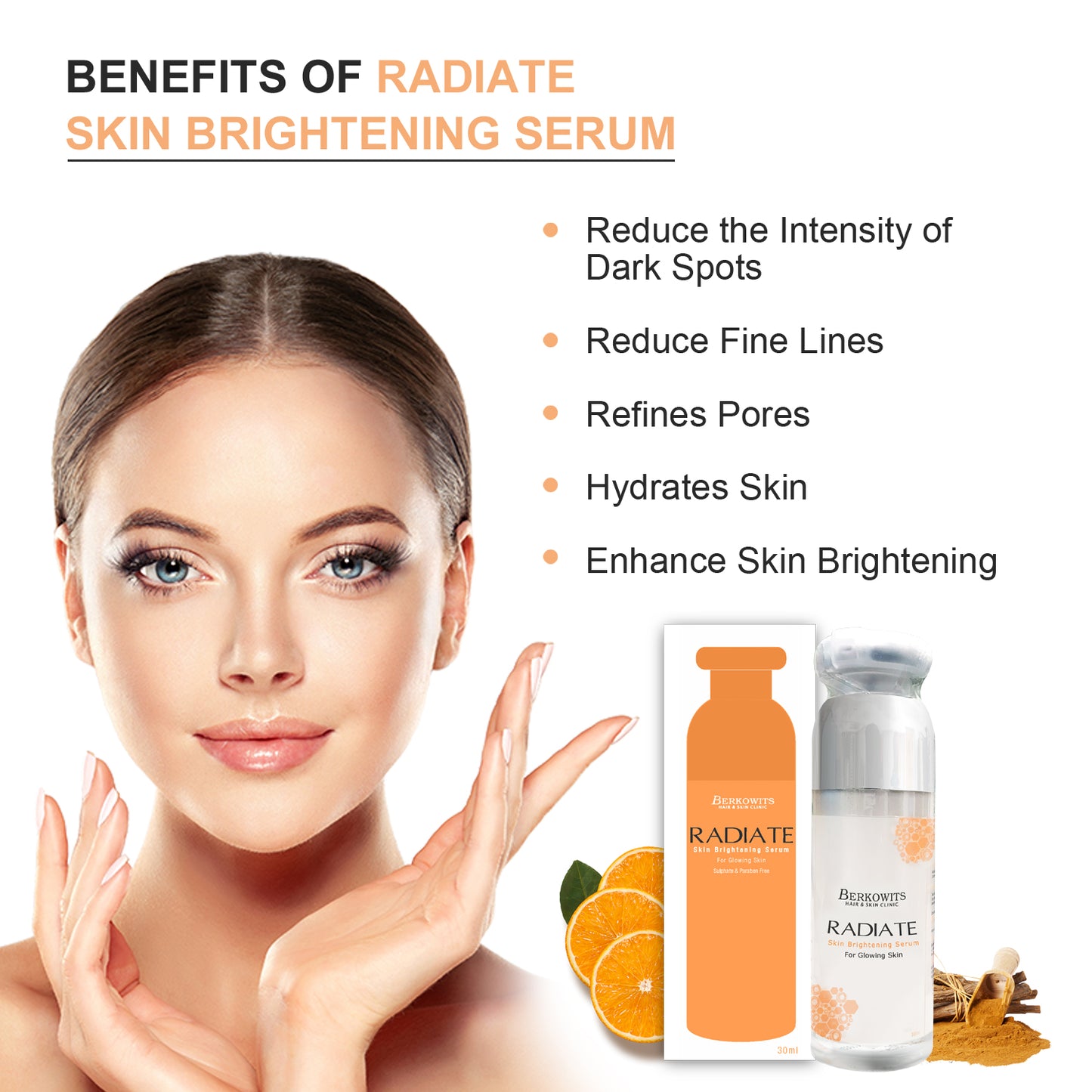 BERKOWITS Radiate Skin Brightening Face Serum with Tranexamic Acid, Vitamin C and Niacinamide - 30ml