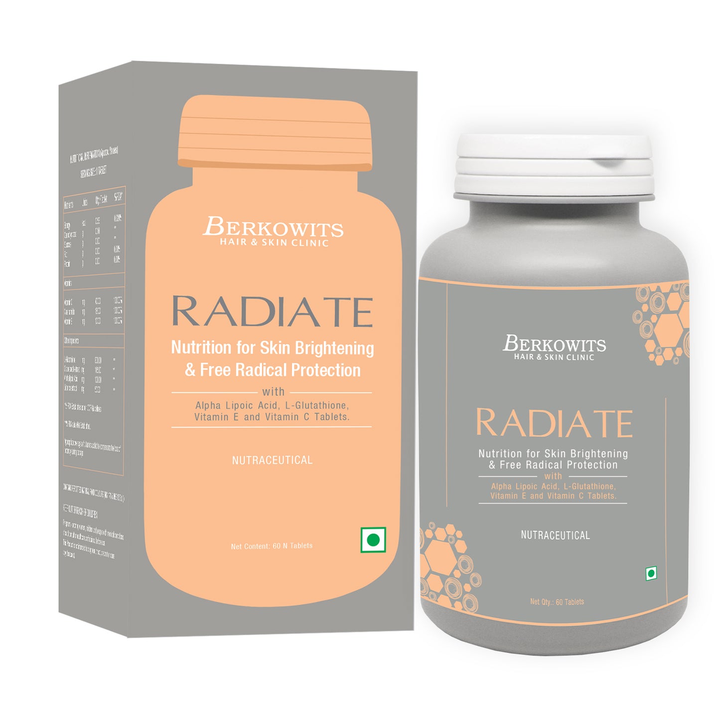 Berkowits Radiate L Glutathione 600mg Nutrition For Glowing and Healthy Skin with Vitamin C, E and Alpha Lipoic Acid- 60 Servings