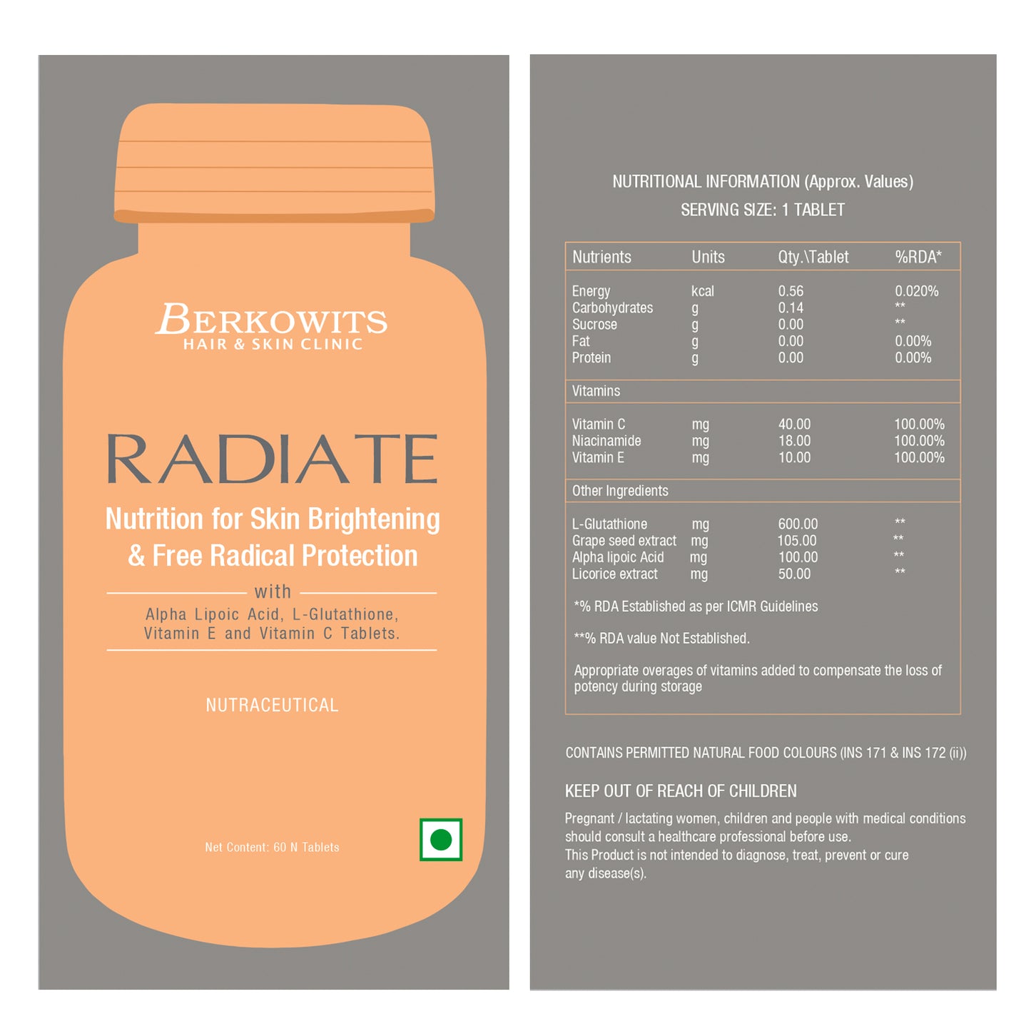 Berkowits Radiate L Glutathione Tablet for Skin Lightening, 120 Tablets