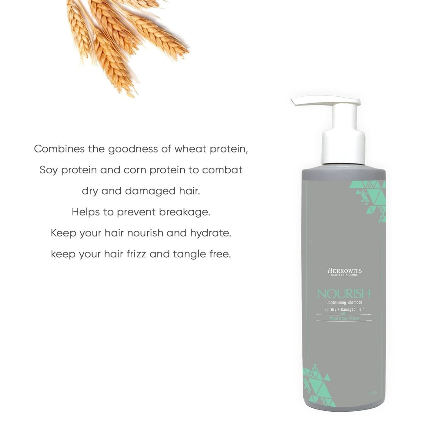 BERKOWITS Nourish Conditioning Shampoo For Dry, Damaged Hair With Wheat & Soy Protein, 220 Ml