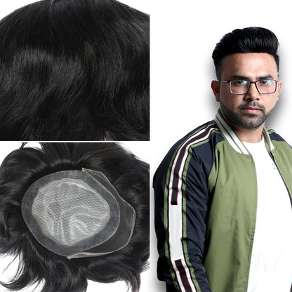 Berkowits Mirage illusion Hair Patch: 100% Human Hair, Natural Looking, Patch/System/Toupee/Wig for Men | Non Surgical Hair Loss Solution (Black Hair)