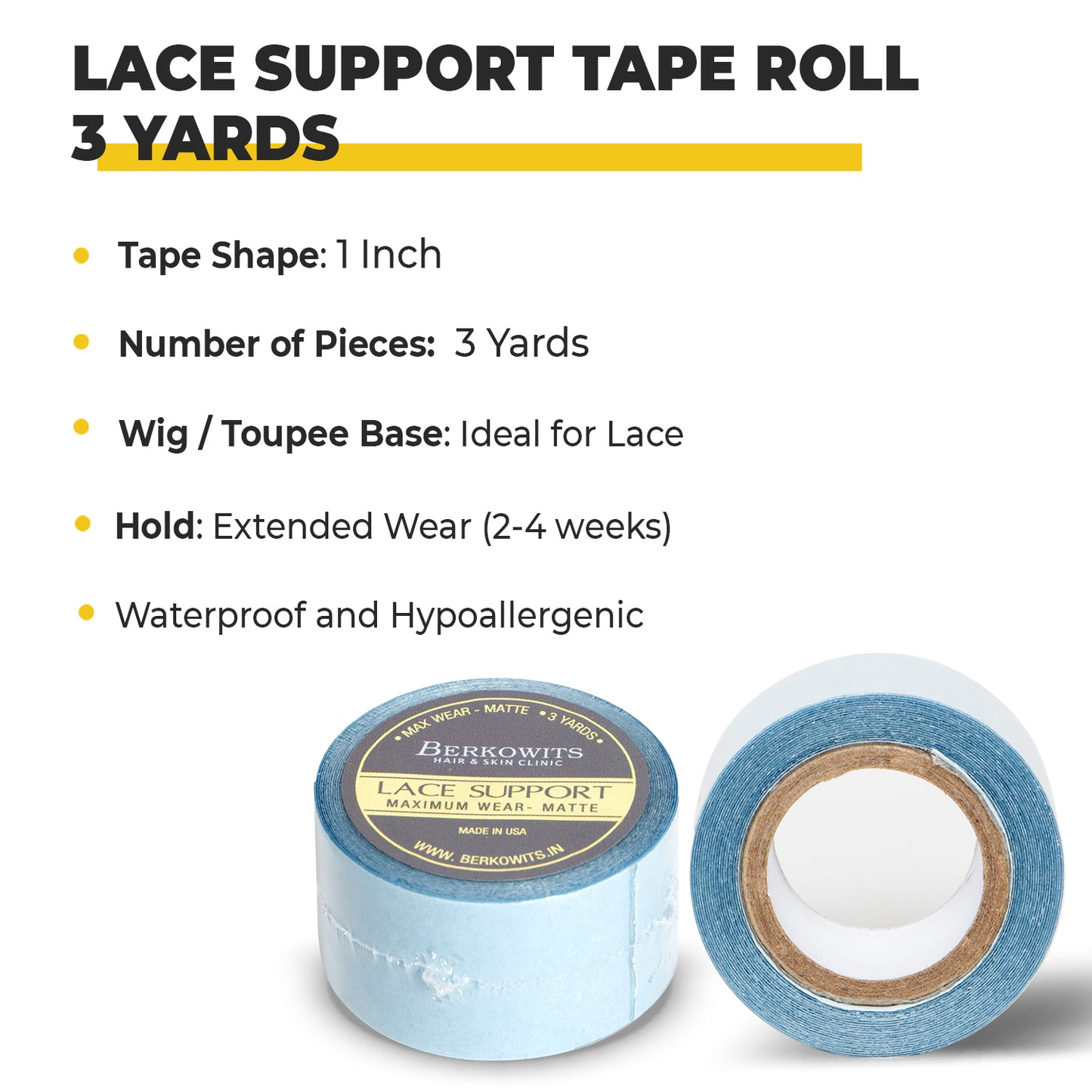 BERKOWITS Lace Support Tape for Hair Patch, Toupee and Wigs - Antibacterial Properties - Hold 4-6 weeks (1” X 3Yds)