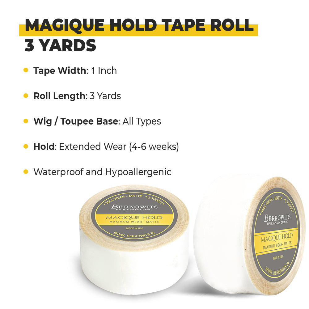 BERKOWITS Magique Hold Tape for Hair Patch, Toupee and Wigs - Long Lasting Hold 4-6 weeks (1” X 3Yds)