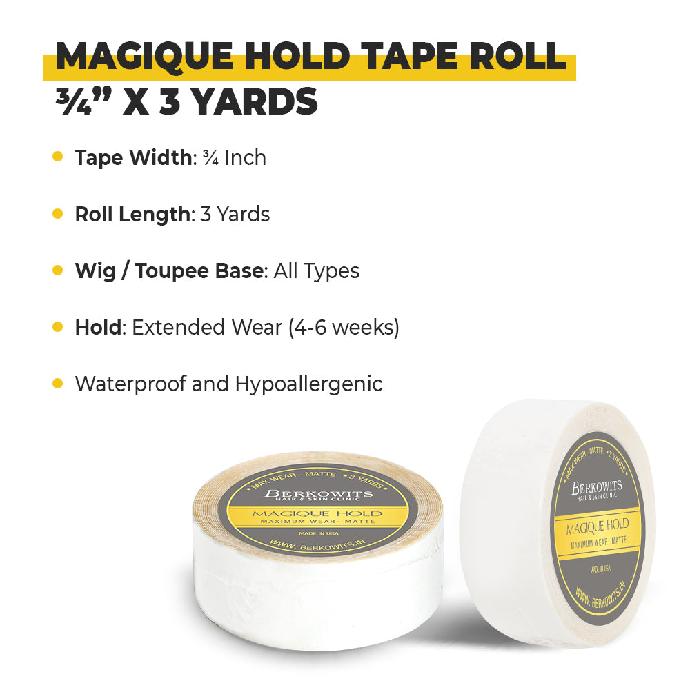 BERKOWITS Magique Hold Tape for Hair Patch, Toupee and Wigs - Long Lasting Hold 4-6 weeks (¾” X 3Yds)