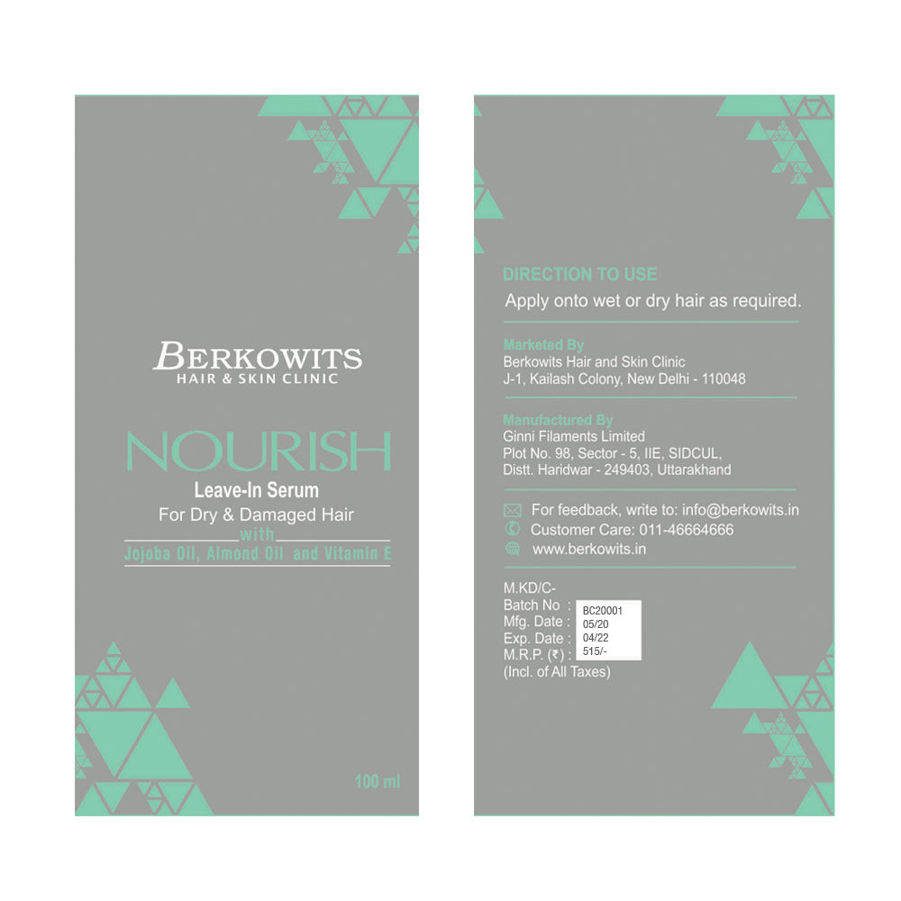 BERKOWITS Nourish Leave-in Serum With Vitamin E, Jojoba & Almond Oil For Dry And Damaged Hair, 100 Ml