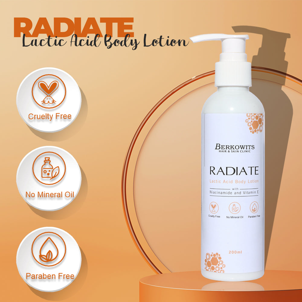 Berkowits Radiate Lactic Acid Body Lotion with Niacinamide and Vitamin E For Men and Women | 200ml