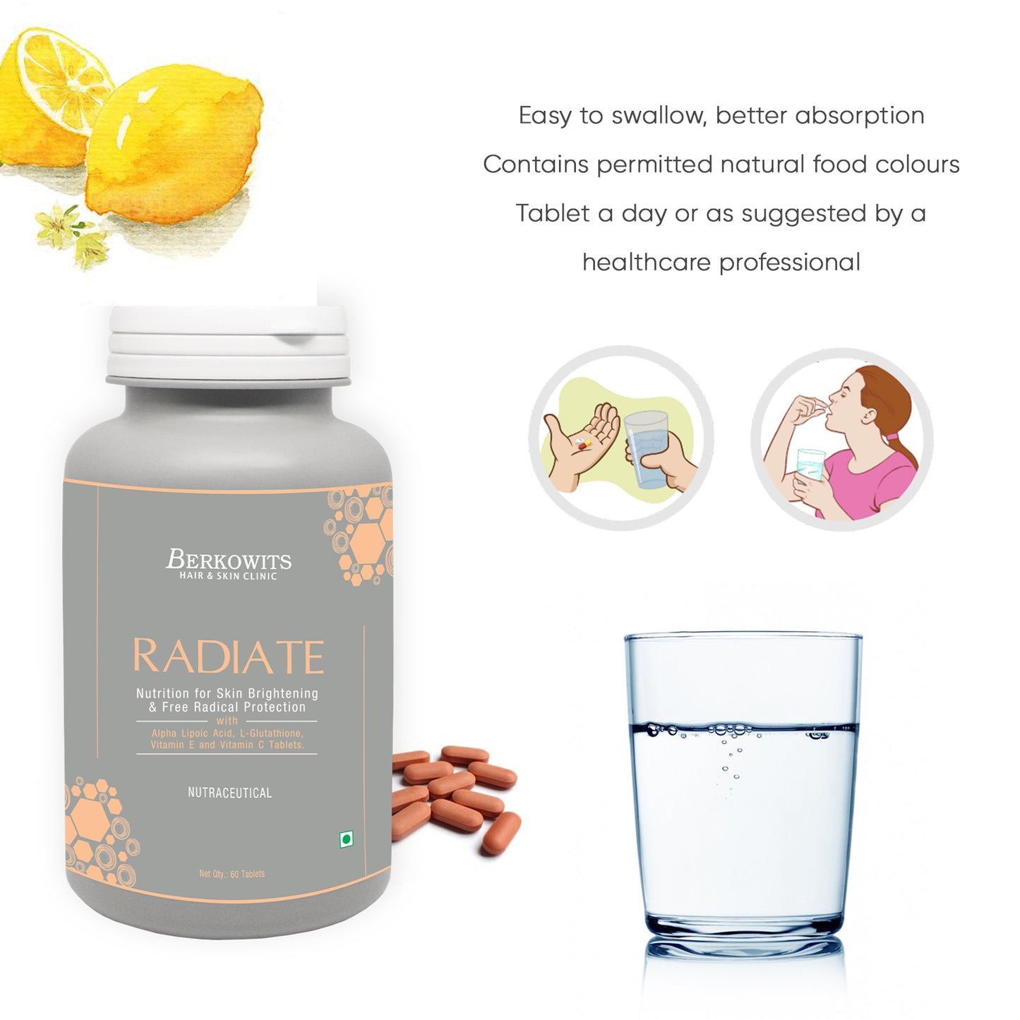 Berkowits Radiate L Glutathione 600mg Nutrition For Glowing and Healthy Skin with Vitamin C, E and Alpha Lipoic Acid- 60 Servings
