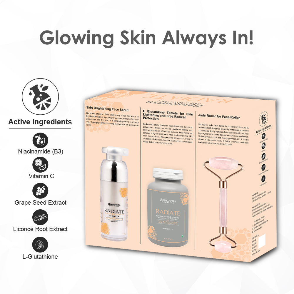 Berkowits Radiate Treatment Kit for Glowing Skin with Berkowits Face Roller (Combo pack) | Perfect face care kit with Jade Facial Roller