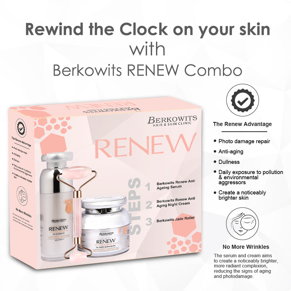Berkowits Renew Anti Aging Treatment Kit for Youthful Skin with Jade Facial Roller For A Relaxing & De-Stressing Clean Beauty Ritual